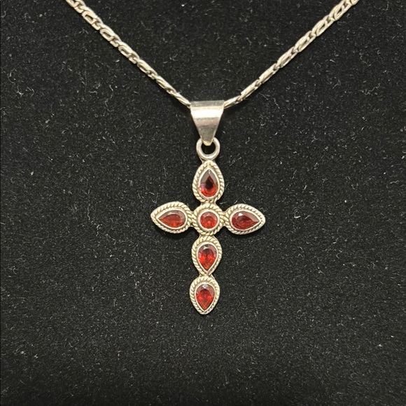 19” Elegant Sterling Silver Necklace Chain with Red Garnet Stones in SS Cross - Picture 3 of 7